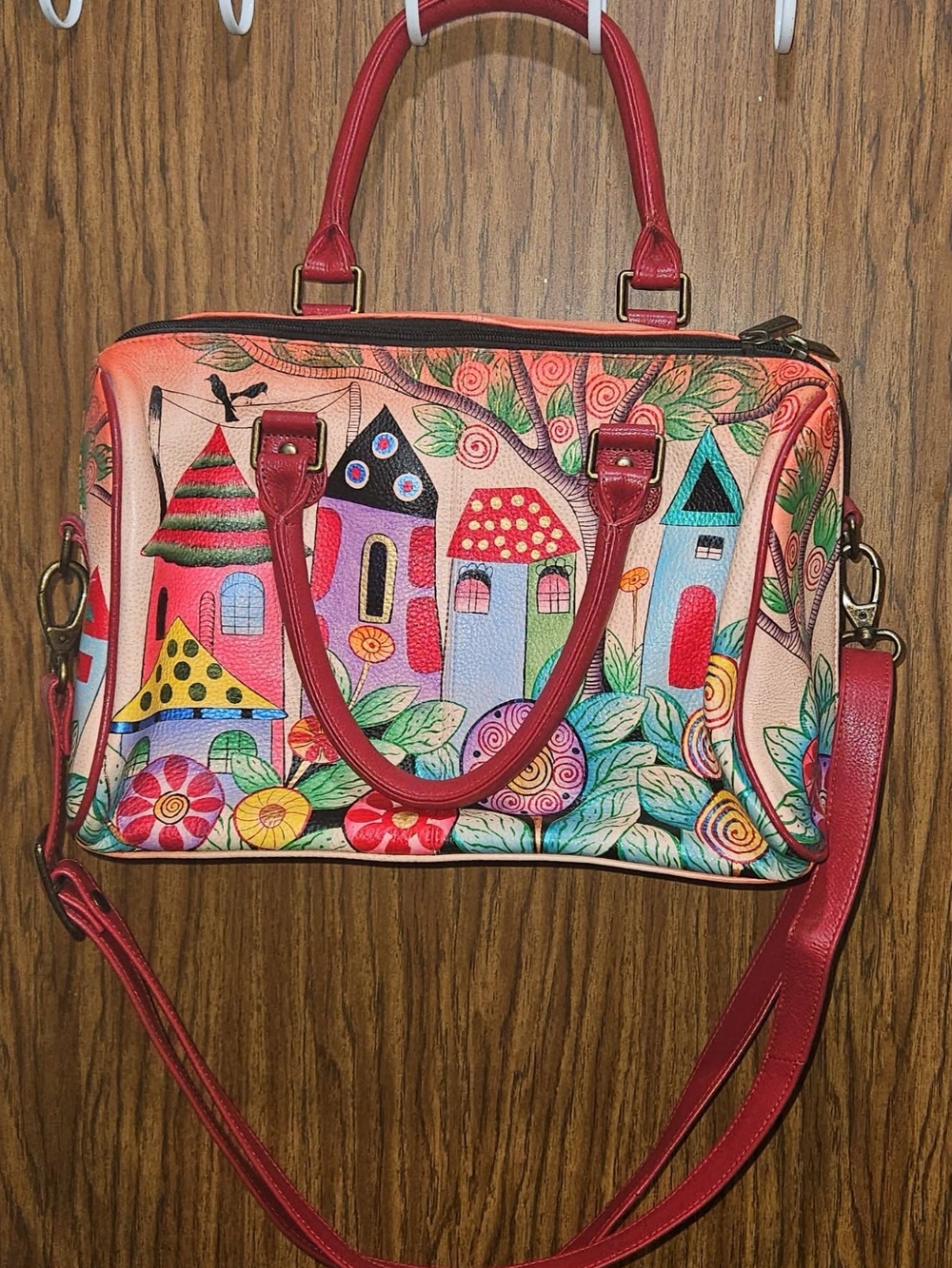Anushka Artisan Leather Floral & Cottage Hand-painted Satchel - Red Trim